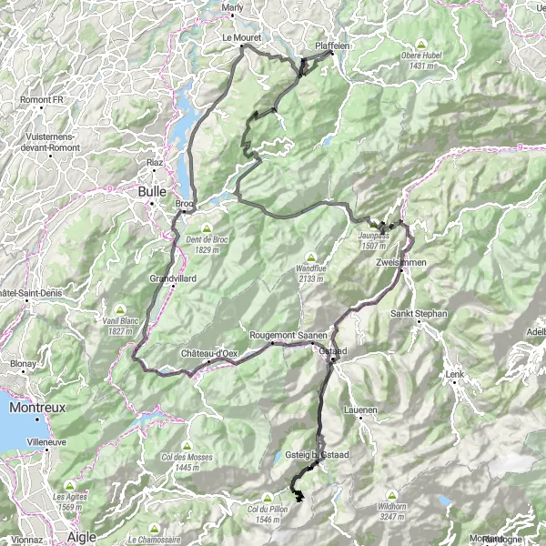Miniatura della mappa di ispirazione al ciclismo "Tour delle Valli di Gstaad e Gruyères" nella regione di Espace Mittelland, Switzerland. Generata da Tarmacs.app, pianificatore di rotte ciclistiche
