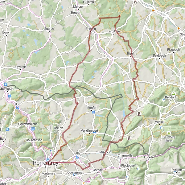 Miniaturní mapa "Gravelová cyklistická trasa kolem Porrentruy" inspirace pro cyklisty v oblasti Espace Mittelland, Switzerland. Vytvořeno pomocí plánovače tras Tarmacs.app