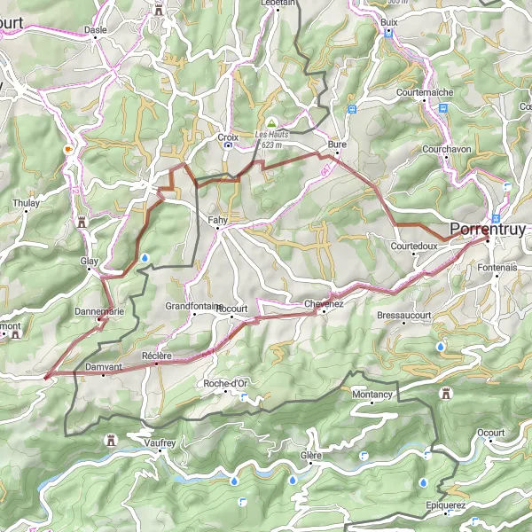 Miniaturní mapa "Gravelová trasa Porrentruy - Château de Porrentruy" inspirace pro cyklisty v oblasti Espace Mittelland, Switzerland. Vytvořeno pomocí plánovače tras Tarmacs.app