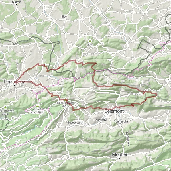 Kartminiatyr av "Utforsk Delémont og Rangiers fra Porrentruy" sykkelinspirasjon i Espace Mittelland, Switzerland. Generert av Tarmacs.app sykkelrutoplanlegger
