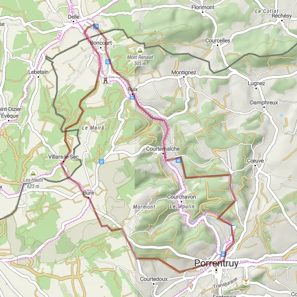 Miniatua del mapa de inspiración ciclista "Ruta de ciclismo de montaña por los alrededores de Porrentruy" en Espace Mittelland, Switzerland. Generado por Tarmacs.app planificador de rutas ciclistas