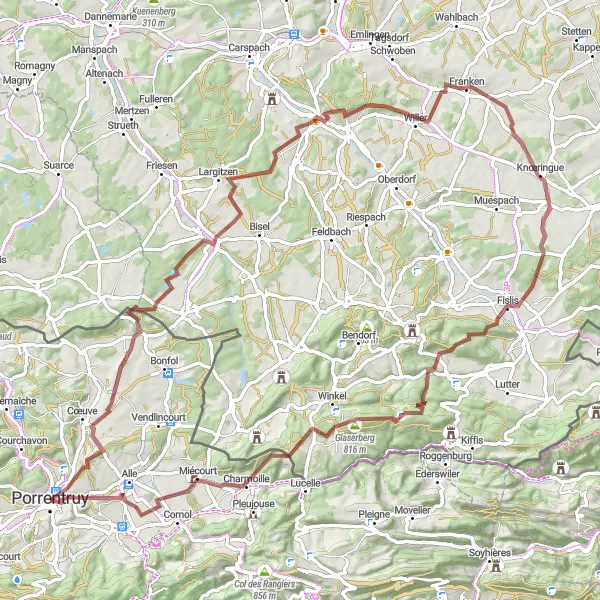 Map miniature of "French-Swiss Gravel Experience" cycling inspiration in Espace Mittelland, Switzerland. Generated by Tarmacs.app cycling route planner
