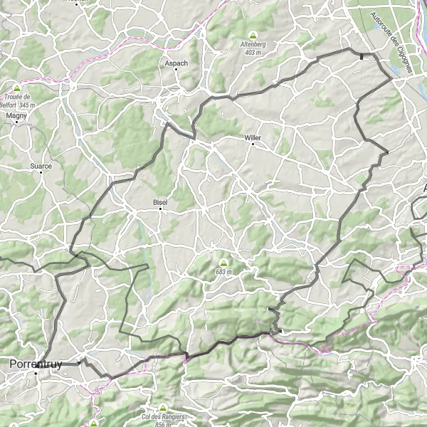 Miniatura della mappa di ispirazione al ciclismo "Tour delle Colline Jurassiche" nella regione di Espace Mittelland, Switzerland. Generata da Tarmacs.app, pianificatore di rotte ciclistiche