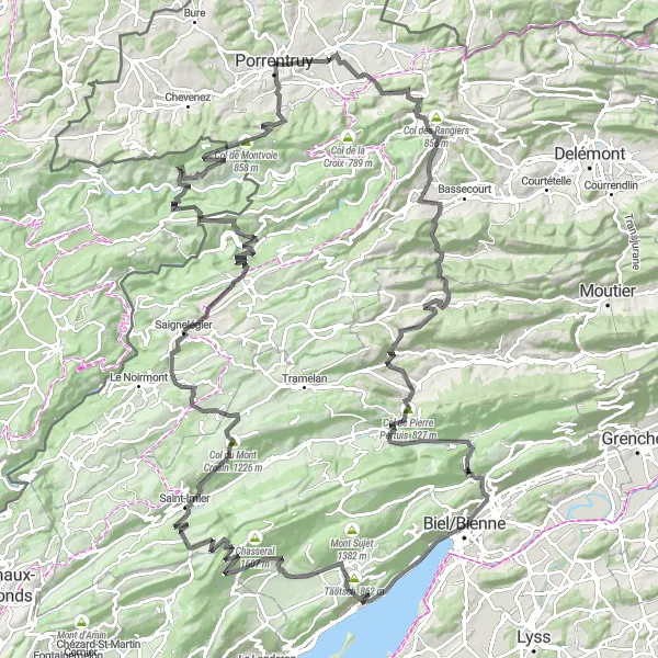 Kartminiatyr av "Utfordrende tur til Pierre Pertuis fra Porrentruy" sykkelinspirasjon i Espace Mittelland, Switzerland. Generert av Tarmacs.app sykkelrutoplanlegger