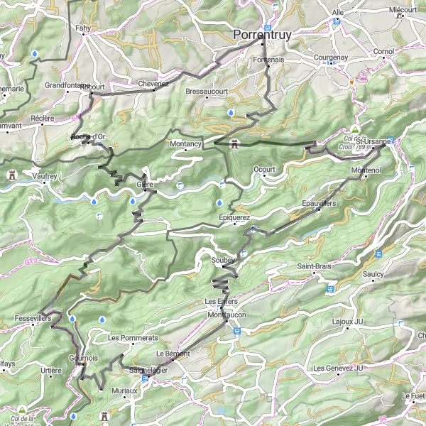 Miniatura della mappa di ispirazione al ciclismo "Cime e Villaggi del Giura" nella regione di Espace Mittelland, Switzerland. Generata da Tarmacs.app, pianificatore di rotte ciclistiche