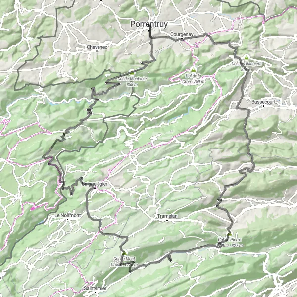 Miniatura della mappa di ispirazione al ciclismo "Avventura al Col du Montvoie" nella regione di Espace Mittelland, Switzerland. Generata da Tarmacs.app, pianificatore di rotte ciclistiche