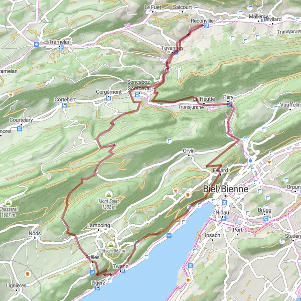 Karttaminiaatyyri "Maaseudun rauhaa ja haastavia nousuja" pyöräilyinspiraatiosta alueella Espace Mittelland, Switzerland. Luotu Tarmacs.app pyöräilyreittisuunnittelijalla