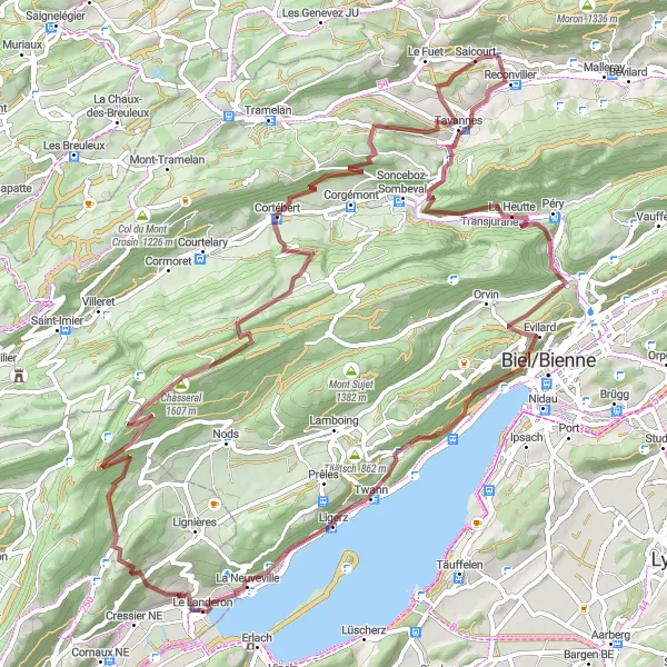 Zemljevid v pomanjšavi "Gravelna kolesarska pot okoli Reconvilierja" kolesarske inspiracije v Espace Mittelland, Switzerland. Generirano z načrtovalcem kolesarskih poti Tarmacs.app