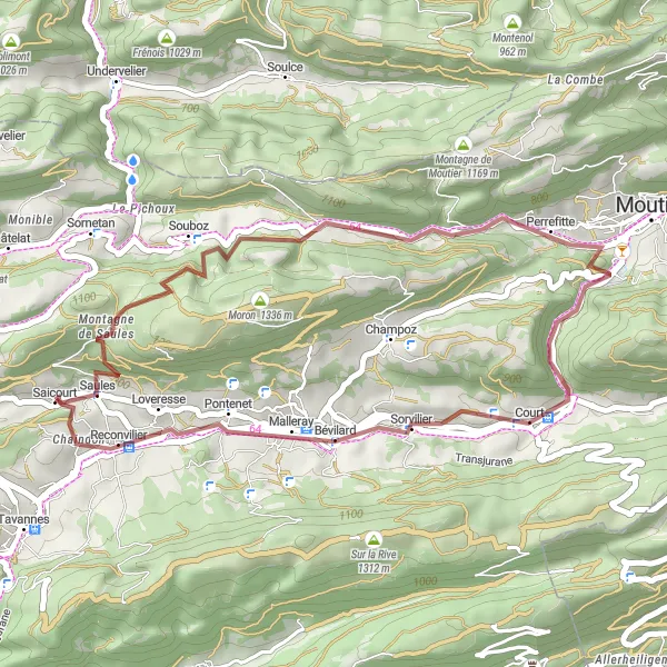 Kartminiatyr av "Grustur til fjelltoppene nær Reconvilier" sykkelinspirasjon i Espace Mittelland, Switzerland. Generert av Tarmacs.app sykkelrutoplanlegger