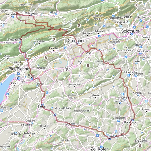 Miniatura mapy "Trasa gravelowa przez Bévilard, Näherenhubel i Studen" - trasy rowerowej w Espace Mittelland, Switzerland. Wygenerowane przez planer tras rowerowych Tarmacs.app
