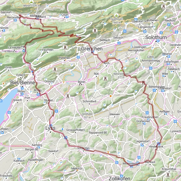 Miniaturní mapa "Gravel cyklistická trasa Reconvilier - Montoz" inspirace pro cyklisty v oblasti Espace Mittelland, Switzerland. Vytvořeno pomocí plánovače tras Tarmacs.app