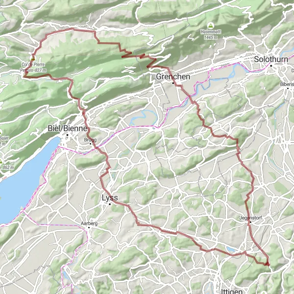 Miniature de la carte de l'inspiration cycliste "Circuit Gravel des Collines" dans la Espace Mittelland, Switzerland. Générée par le planificateur d'itinéraire cycliste Tarmacs.app