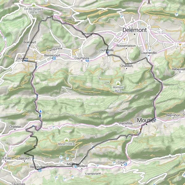 Zemljevid v pomanjšavi "Razgibana cestna pot po Espace Mittelland" kolesarske inspiracije v Espace Mittelland, Switzerland. Generirano z načrtovalcem kolesarskih poti Tarmacs.app