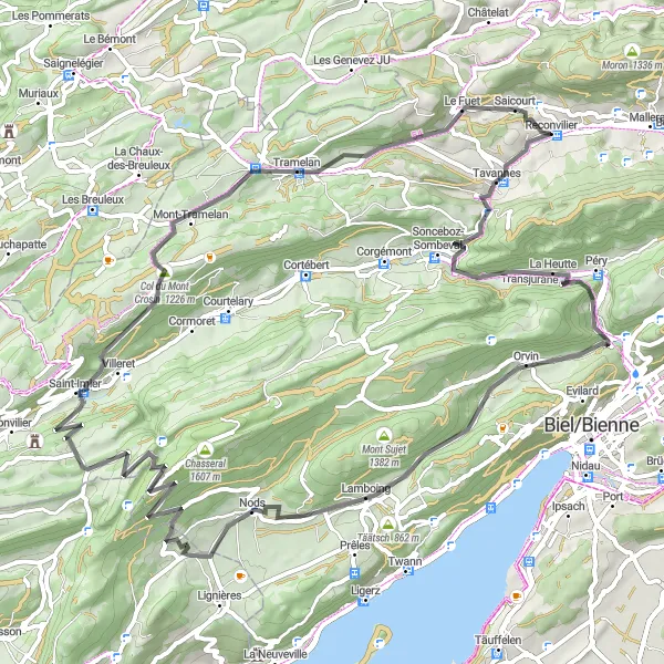 Miniatura della mappa di ispirazione al ciclismo "Sfide Ciclistiche a Tavannes" nella regione di Espace Mittelland, Switzerland. Generata da Tarmacs.app, pianificatore di rotte ciclistiche