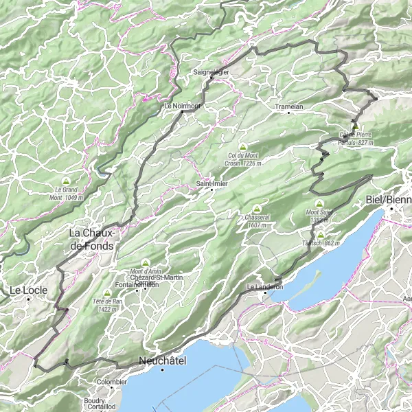 Miniaturní mapa "Kolem jezera Bienne a horských sedel" inspirace pro cyklisty v oblasti Espace Mittelland, Switzerland. Vytvořeno pomocí plánovače tras Tarmacs.app