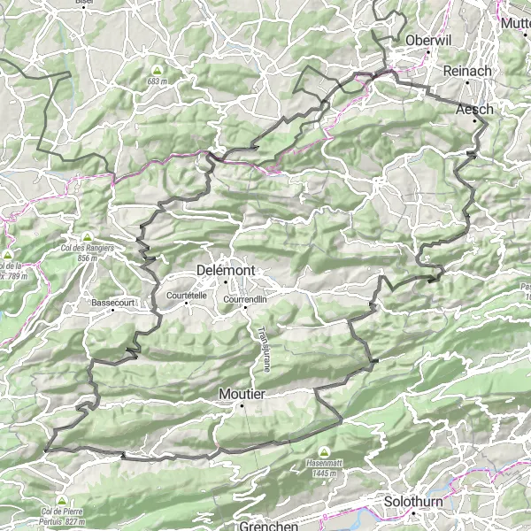 Zemljevid v pomanjšavi "Razgibana cestna kolesarska pot" kolesarske inspiracije v Espace Mittelland, Switzerland. Generirano z načrtovalcem kolesarskih poti Tarmacs.app