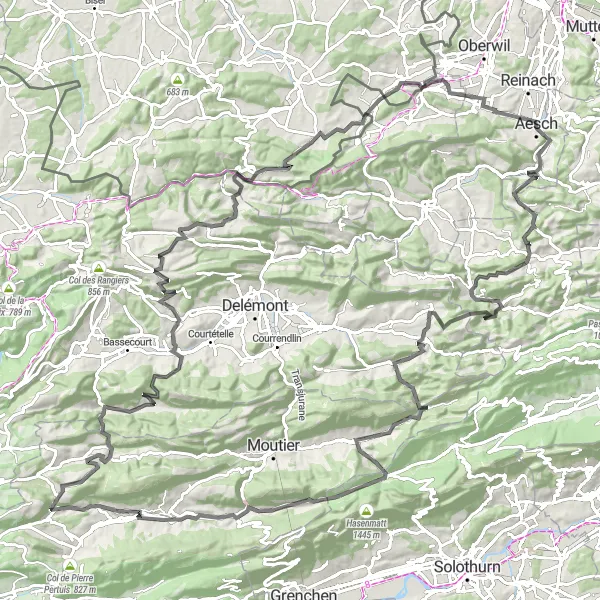 Miniatura della mappa di ispirazione al ciclismo "Sfide su Strada Intense" nella regione di Espace Mittelland, Switzerland. Generata da Tarmacs.app, pianificatore di rotte ciclistiche