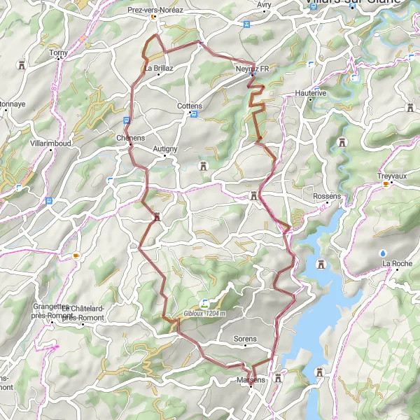 Miniatua del mapa de inspiración ciclista "Ruta de Grava Villarsiviriaux-Gumefens" en Espace Mittelland, Switzerland. Generado por Tarmacs.app planificador de rutas ciclistas