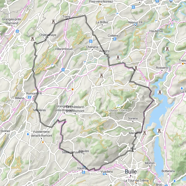 Miniatua del mapa de inspiración ciclista "Ruta de Ciclismo Escénico desde Riaz" en Espace Mittelland, Switzerland. Generado por Tarmacs.app planificador de rutas ciclistas
