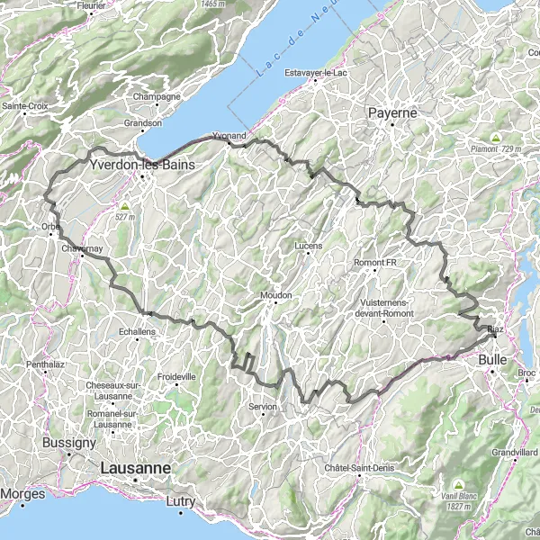 Miniaturní mapa "Okružní trasa Riaz - Yvonand" inspirace pro cyklisty v oblasti Espace Mittelland, Switzerland. Vytvořeno pomocí plánovače tras Tarmacs.app