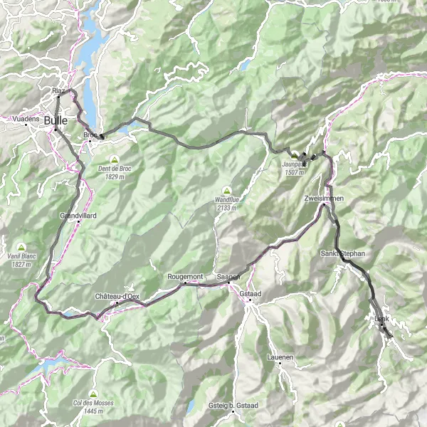 Zemljevid v pomanjšavi "Krožna kolesarska pot okoli Riaz, Švica" kolesarske inspiracije v Espace Mittelland, Switzerland. Generirano z načrtovalcem kolesarskih poti Tarmacs.app