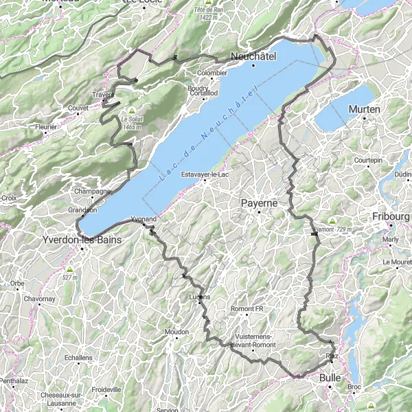 Miniatua del mapa de inspiración ciclista "Gran Ruta de los Castillos y Lagos de Friburgo" en Espace Mittelland, Switzerland. Generado por Tarmacs.app planificador de rutas ciclistas