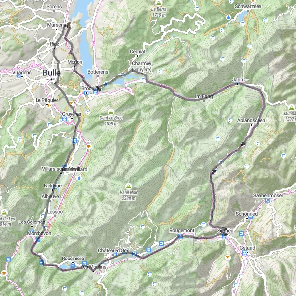 Miniatua del mapa de inspiración ciclista "Ruta de ciclismo de carretera desde Riaz" en Espace Mittelland, Switzerland. Generado por Tarmacs.app planificador de rutas ciclistas