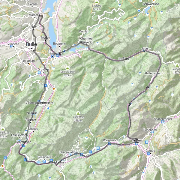 Miniatura mapy "Przejażdżka szosowa przez Jaun i Saanen" - trasy rowerowej w Espace Mittelland, Switzerland. Wygenerowane przez planer tras rowerowych Tarmacs.app