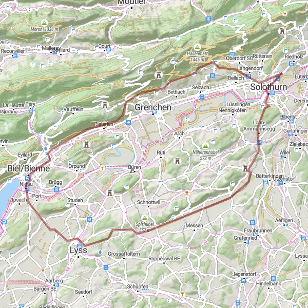 Map miniature of "Discover Lyss" cycling inspiration in Espace Mittelland, Switzerland. Generated by Tarmacs.app cycling route planner