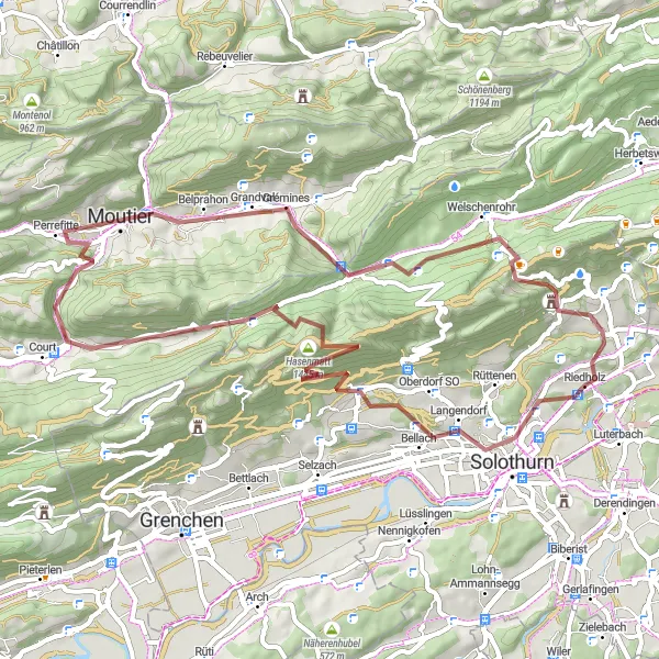 Karttaminiaatyyri "Riedholz - Grandval - Günsberg Gravel Expedition" pyöräilyinspiraatiosta alueella Espace Mittelland, Switzerland. Luotu Tarmacs.app pyöräilyreittisuunnittelijalla