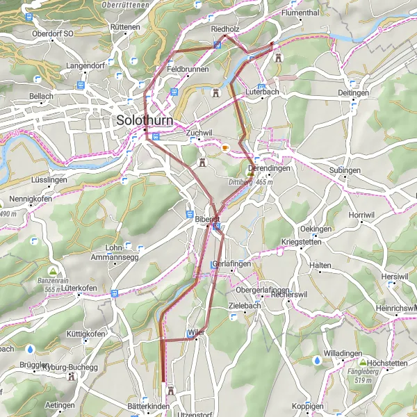 Karttaminiaatyyri "Riedholz - Biberist - Rehhubel Gravel Ride" pyöräilyinspiraatiosta alueella Espace Mittelland, Switzerland. Luotu Tarmacs.app pyöräilyreittisuunnittelijalla