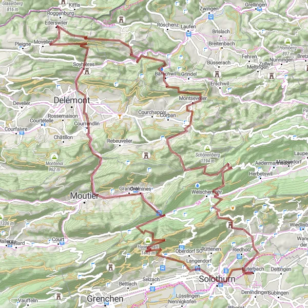 Mapa miniatúra "Výzva na horskom bicykli v Jura Mountains" cyklistická inšpirácia v Espace Mittelland, Switzerland. Vygenerované cyklistickým plánovačom trás Tarmacs.app