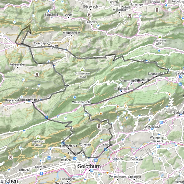 Mapa miniatúra "Road cyklotrasa okolo Riedholzu" cyklistická inšpirácia v Espace Mittelland, Switzerland. Vygenerované cyklistickým plánovačom trás Tarmacs.app