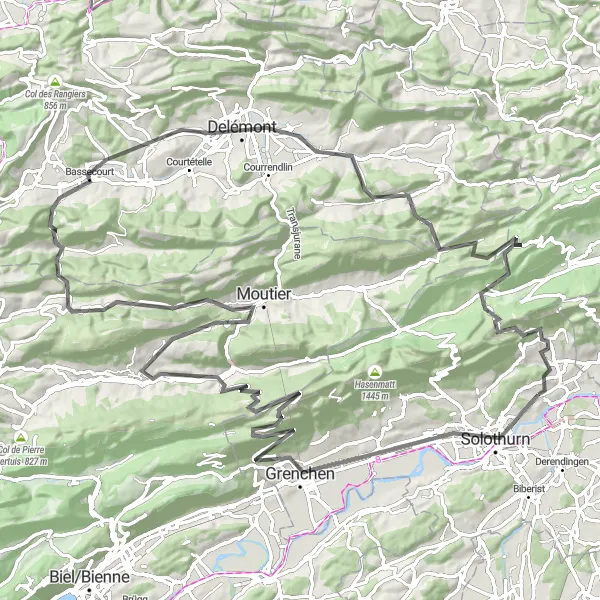 Karttaminiaatyyri "Riedholzin kiertoreitti Brästenbergista Balmiin" pyöräilyinspiraatiosta alueella Espace Mittelland, Switzerland. Luotu Tarmacs.app pyöräilyreittisuunnittelijalla