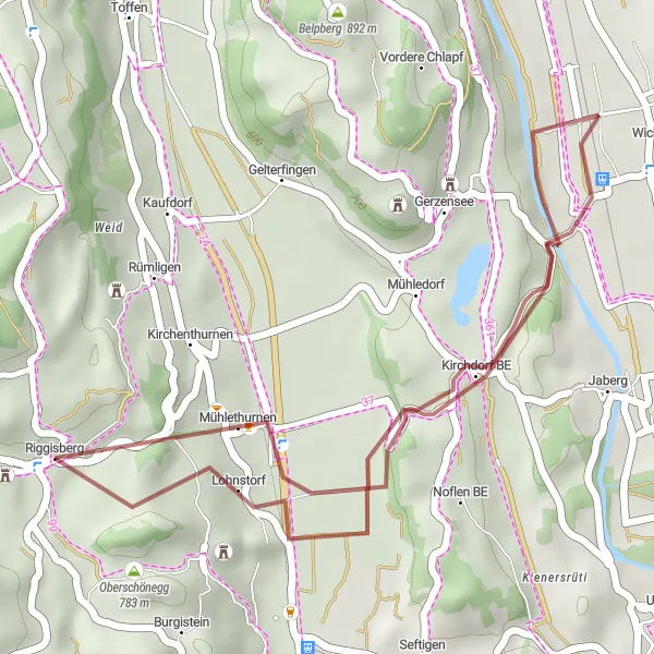 Map miniature of "Gravel Adventure from Riggisberg to Oberschönegg" cycling inspiration in Espace Mittelland, Switzerland. Generated by Tarmacs.app cycling route planner