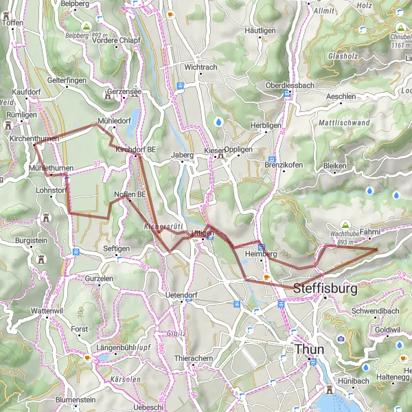 Miniatura della mappa di ispirazione al ciclismo "Giro in bicicletta da Riggisberg a Kirchdorf BE" nella regione di Espace Mittelland, Switzerland. Generata da Tarmacs.app, pianificatore di rotte ciclistiche