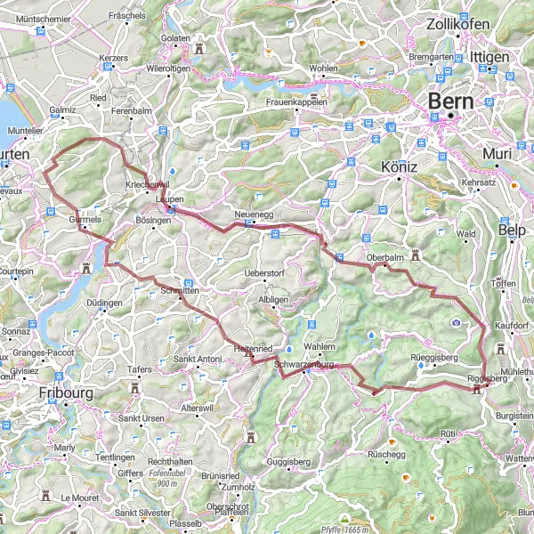 Miniatuurkaart van de fietsinspiratie "Gravelroute vanuit Riggisberg naar de Zwitserse dorpjes" in Espace Mittelland, Switzerland. Gemaakt door de Tarmacs.app fietsrouteplanner