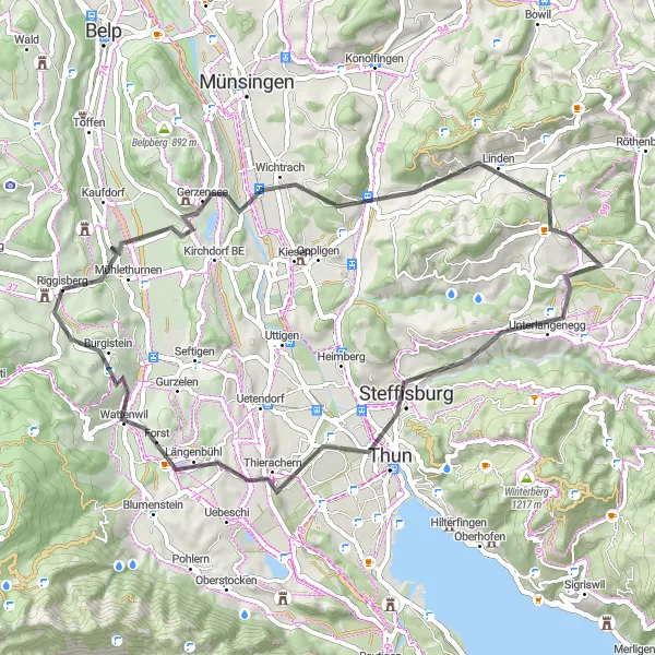 Miniaturní mapa "Trasa okolo Riggisbergu - Road" inspirace pro cyklisty v oblasti Espace Mittelland, Switzerland. Vytvořeno pomocí plánovače tras Tarmacs.app