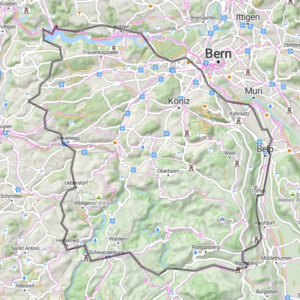 Miniature de la carte de l'inspiration cycliste "Aventure cycliste de Riggisberg à Muri" dans la Espace Mittelland, Switzerland. Générée par le planificateur d'itinéraire cycliste Tarmacs.app