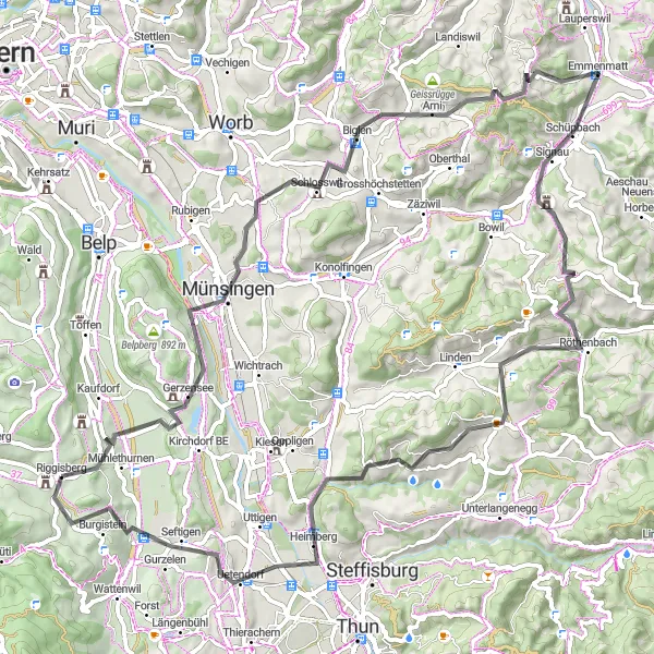 Mapa miniatúra "Road Cycling Adventure in Mittelland" cyklistická inšpirácia v Espace Mittelland, Switzerland. Vygenerované cyklistickým plánovačom trás Tarmacs.app