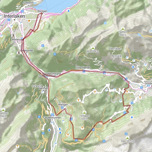 Miniature de la carte de l'inspiration cycliste "Circuit de vélo de gravier Gündlischwand-Lauterbrunnen" dans la Espace Mittelland, Switzerland. Générée par le planificateur d'itinéraire cycliste Tarmacs.app