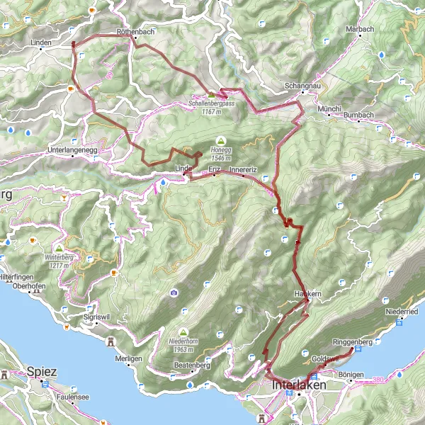 Miniatua del mapa de inspiración ciclista "Ruta de Grava Unterseen - Burgruine Ringgenberg" en Espace Mittelland, Switzerland. Generado por Tarmacs.app planificador de rutas ciclistas