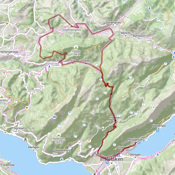 Karttaminiaatyyri "Interlaken - Habkern - Burgruine Ringgenberg Gravel Circuit" pyöräilyinspiraatiosta alueella Espace Mittelland, Switzerland. Luotu Tarmacs.app pyöräilyreittisuunnittelijalla