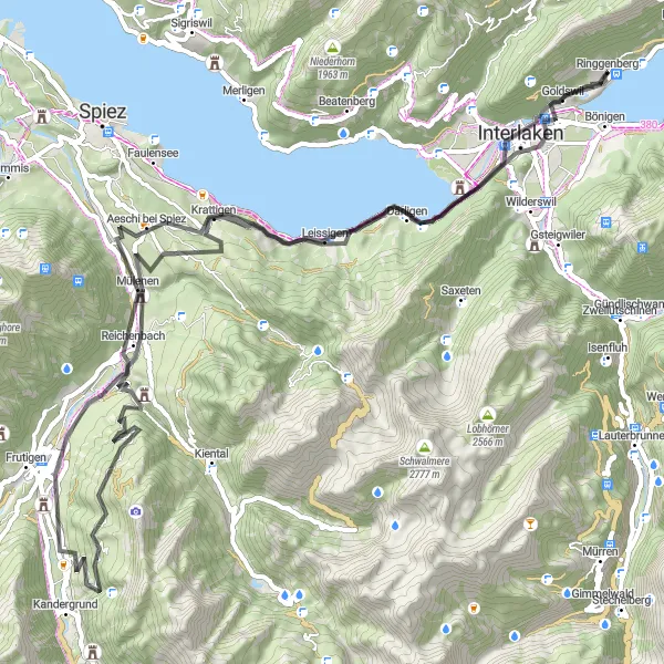 Kartminiatyr av "Ringgenberg til Därligen og Goldswil" sykkelinspirasjon i Espace Mittelland, Switzerland. Generert av Tarmacs.app sykkelrutoplanlegger