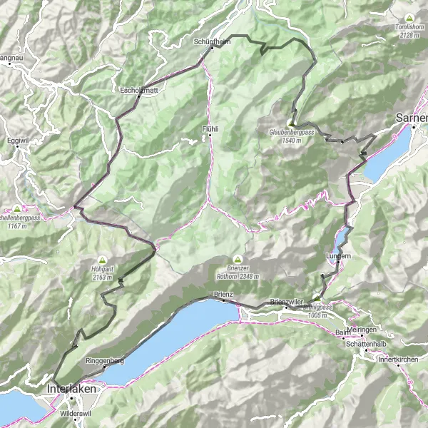 Mapa miniatúra "Veľkolepý okruh z Ringgenbergu cez Interlaken až do Ruine Schadburg" cyklistická inšpirácia v Espace Mittelland, Switzerland. Vygenerované cyklistickým plánovačom trás Tarmacs.app