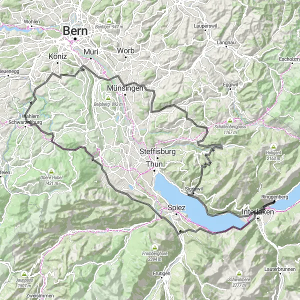 Miniaturní mapa "Cyklotrasa Interlaken - Belp" inspirace pro cyklisty v oblasti Espace Mittelland, Switzerland. Vytvořeno pomocí plánovače tras Tarmacs.app