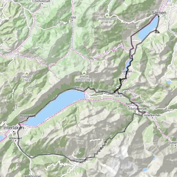 Kartminiatyr av "Ringgenberg - Lungern - Sachseln - Reichenbach Falls - Grindelwald - Wilderswil" cykelinspiration i Espace Mittelland, Switzerland. Genererad av Tarmacs.app cykelruttplanerare