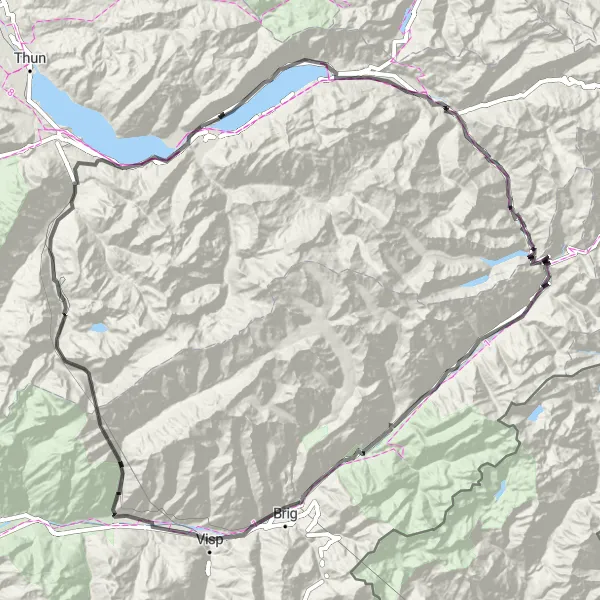 Miniatura della mappa di ispirazione al ciclismo "Viaggio epico attraverso Lötschenpass" nella regione di Espace Mittelland, Switzerland. Generata da Tarmacs.app, pianificatore di rotte ciclistiche