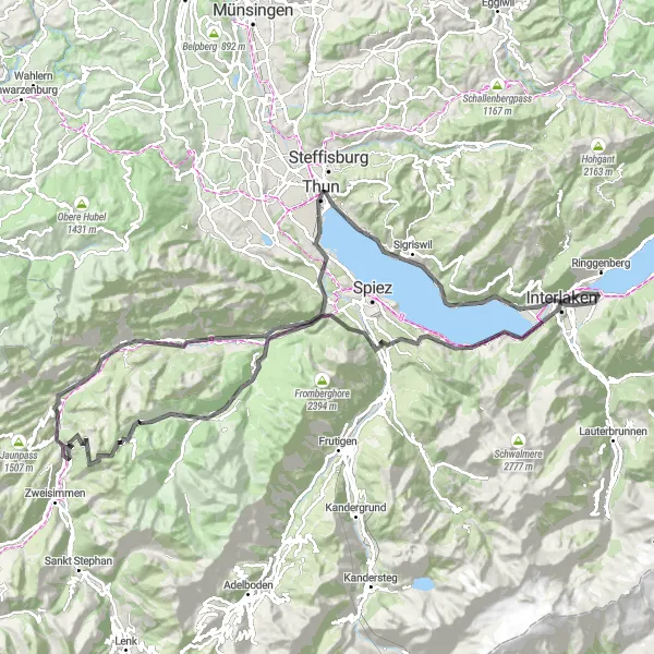 Miniature de la carte de l'inspiration cycliste "Le Tour des Pics Majestueux" dans la Espace Mittelland, Switzerland. Générée par le planificateur d'itinéraire cycliste Tarmacs.app