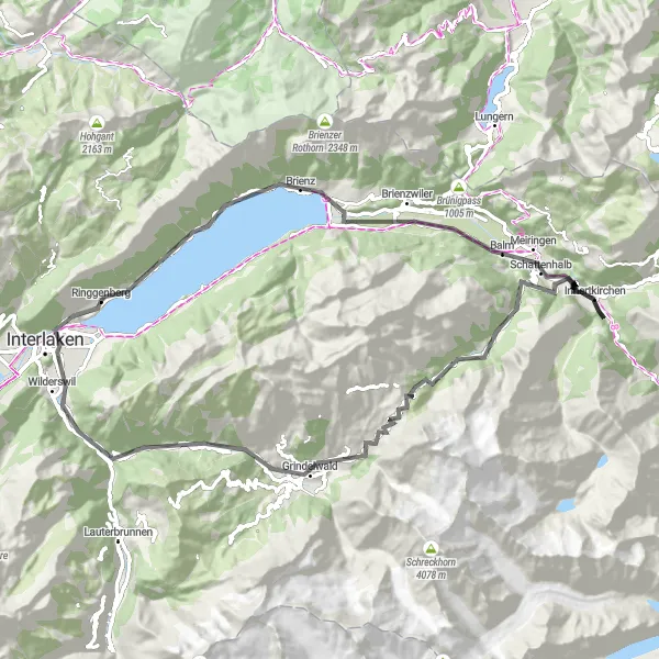 Kartminiatyr av "Ringgenberg till Grosse Scheidegg och tillbaka cykeltur" cykelinspiration i Espace Mittelland, Switzerland. Genererad av Tarmacs.app cykelruttplanerare